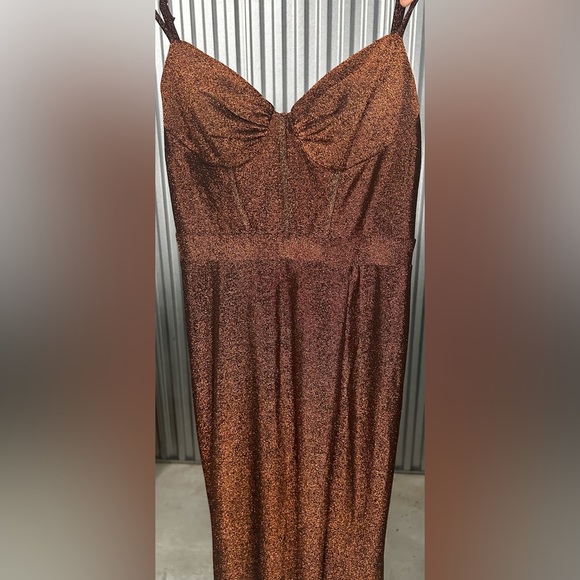 Women’s Jules & Cleo Design Nylon Metallic Spandex Orange Formal Maxi Slit Dress - Picture 7 of 9